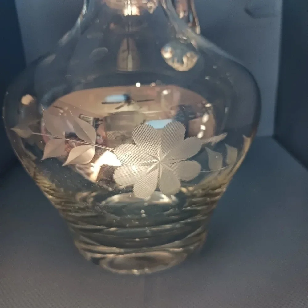 Crystal wine carafe and glasses set of 4 etched floral pattern